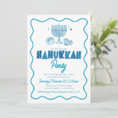 White Hanukkah Turquoise Typography Doodle Party Kaart (Staand voorkant)