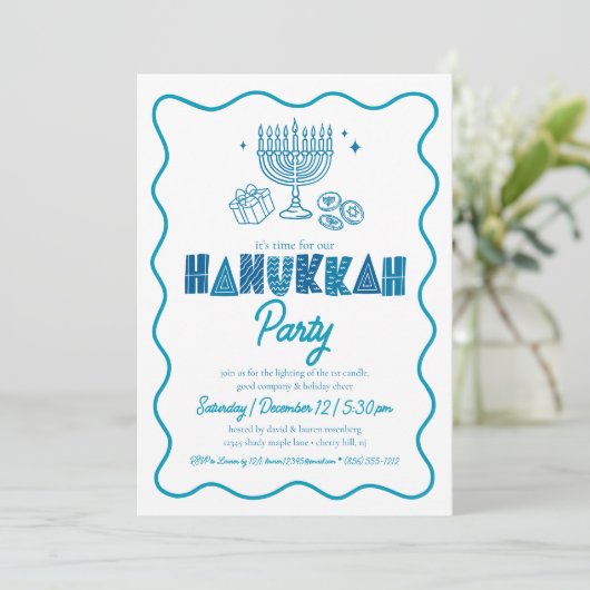 White Hanukkah Turquoise Typography Doodle Party Kaart (Staand voorkant)