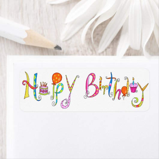 White Happy Birthday Address Label Sticker (Insitu)