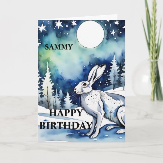 White Hare moongazing Birthday Kaart (bewerkbaar) (Voorkant)