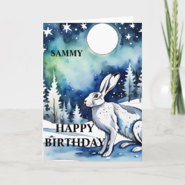 White Hare moongazing Birthday Kaart (bewerkbaar)
