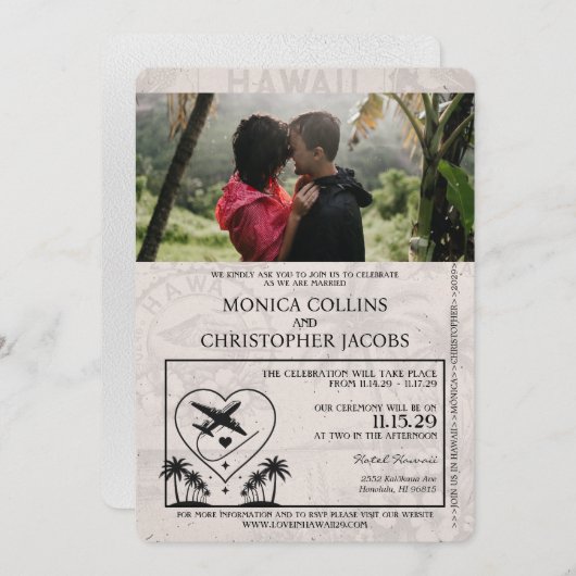 White Hawaii Passport Wedding Invitation Kaart (Voorkant / Achterkant)