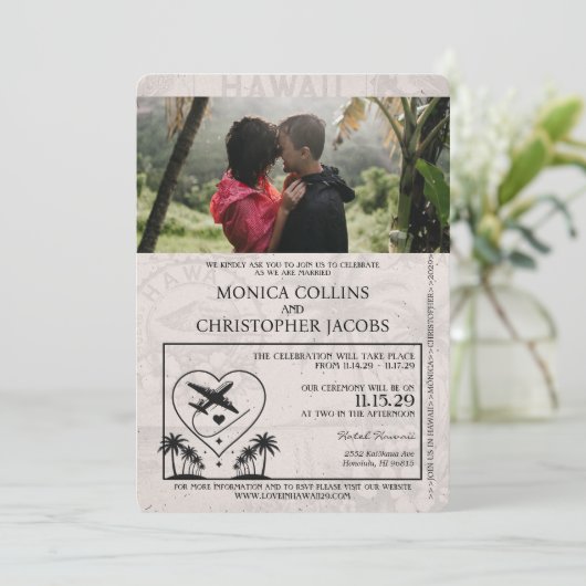 White Hawaii Passport Wedding Invitation Kaart (Staand voorkant)