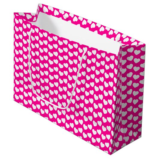 White Heart Pattern on Pink Large Gift Bag Groot Cadeauzakje (Voorkant Gekanteld)