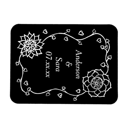 White Hearts and Flowers on Black Save Date Magnet Magneet (Horizontaal)