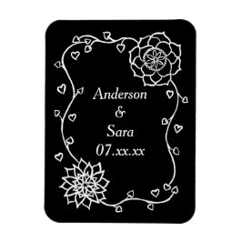 White Hearts and Flowers on Black Save Date Magnet Magneet