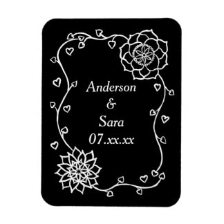 White Hearts and Flowers on Black Save Date Magnet Magneet