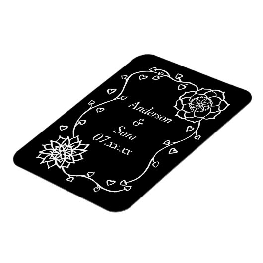 White Hearts and Flowers on Black Save Date Magnet Magneet (Linkerzijde)
