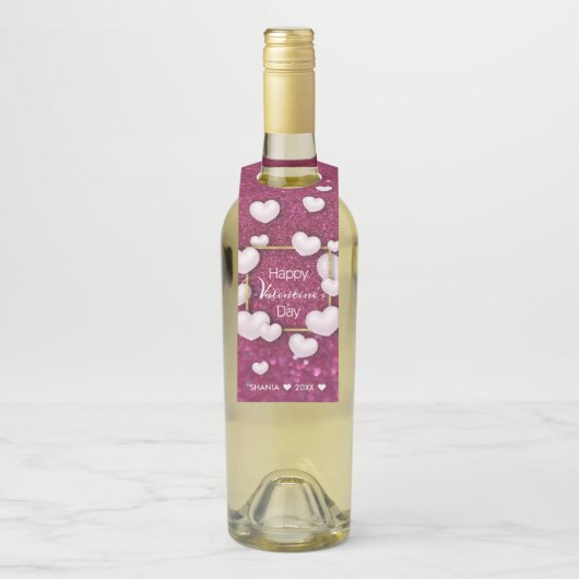 White Hearts Burgundy Glitter Valentijnsdag Flessenhanger (Op fles)