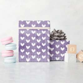 White Hearts op Paarse linnen Cadeaupapier