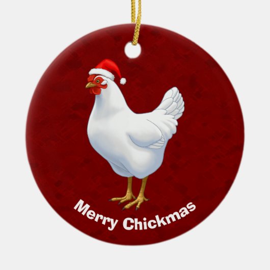 White Hen in Santa Hat Merry Chickmas Keramisch Ornament (Voorkant)