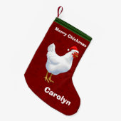 White Hen in Santa Hat Merry Chickmas Kleine Kerstsok (Voorkant (Hangend))