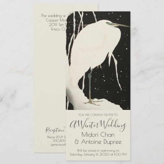 White Heron in Snow Winter Wedding Kaart (Voorkant / Achterkant)