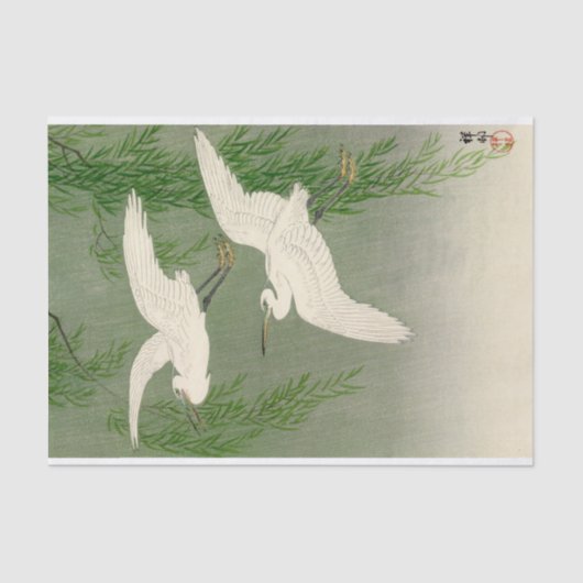 White Herons and Willow in Rain by Ohara Koson Tissuepapier (Voorkant)