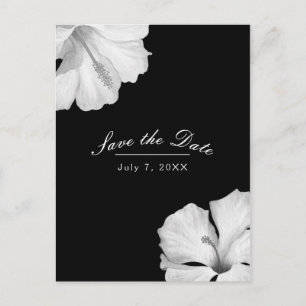 White Hibiscus Black Tropical Chic Save the Date Aankondigingskaart