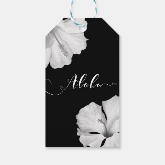 White Hibiscus Black Tropical Wedding Aloha Favor Cadeaulabel (Achterkant)
