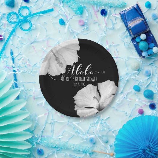 White Hibiscus Black Tropical Wedding Aloha Papieren Bordje (Feest)