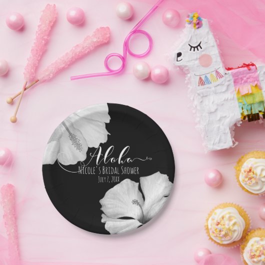 White Hibiscus Black Tropical Wedding Aloha Papieren Bordje (Feest)