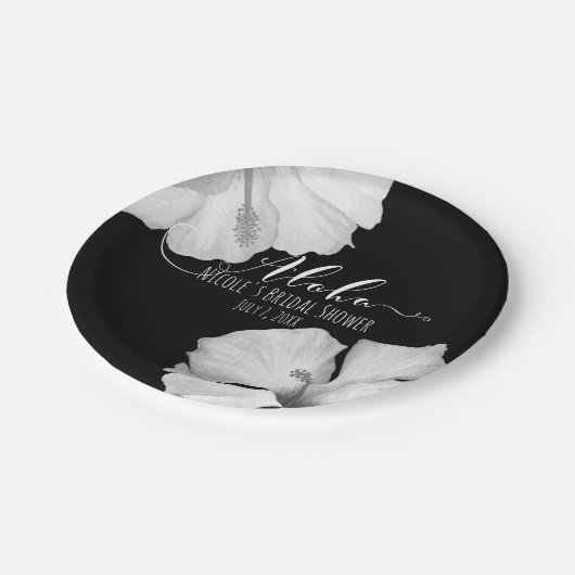 White Hibiscus Black Tropical Wedding Aloha Papieren Bordje (Gekanteld)