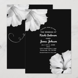 White Hibiscus Black Tropical Wedding Invitations Kaart