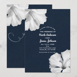 White Hibiscus Blue Tropical Wedding Invitations Kaart