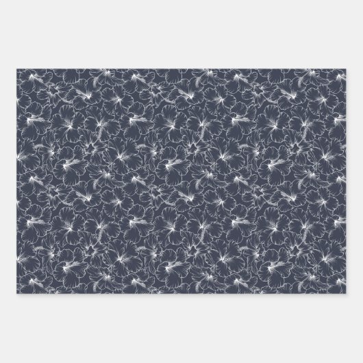White Hibiscus Floral on Navy Blue Inpakpapier Vel (Voorkant 3)