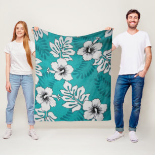 White Hibiscus Floral Pattern on Aqua Turquoise Fleece Deken
