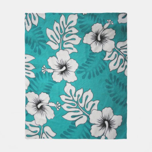 White Hibiscus Floral Pattern on Aqua Turquoise Fleece Deken (Voorkant)