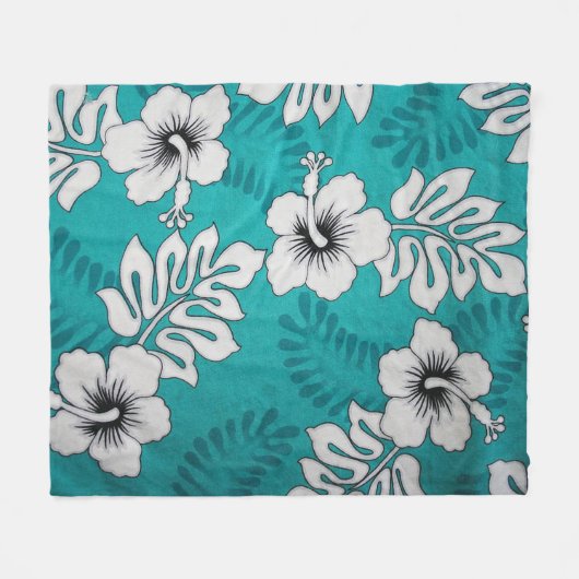 White Hibiscus Floral Pattern on Aqua Turquoise Fleece Deken (Voorkant (Horizontaal))