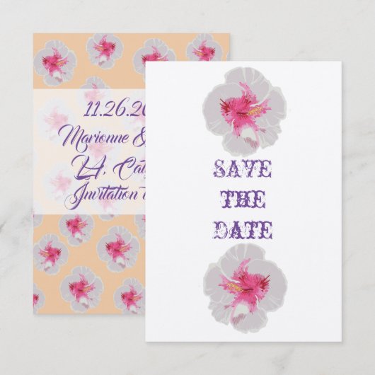 White Hibiscus Save the Date Kaart (Voorkant / Achterkant)