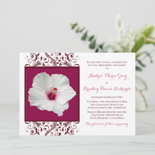 White Hibiscus Wedding Invitation Kaart (Staand voorkant)