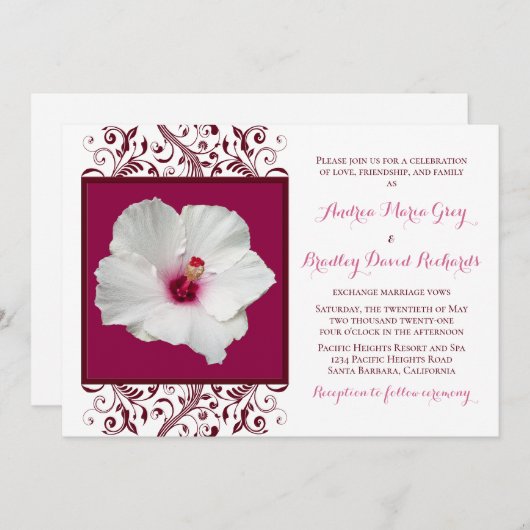 White Hibiscus Wedding Invitation Kaart (Voorkant / Achterkant)