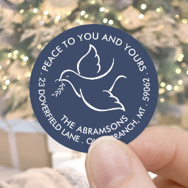 White Holiday Return Address Bird of Peace Navy Ronde Sticker