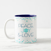 White Holiday Turquoise Snowflake Peace Joy Love Tweekleurige Koffiemok (Links)