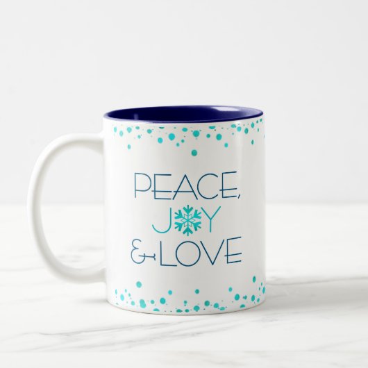 White Holiday Turquoise Snowflake Peace Joy Love Tweekleurige Koffiemok (Links)