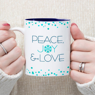 White Holiday Turquoise Snowflake Peace Joy Love Tweekleurige Koffiemok