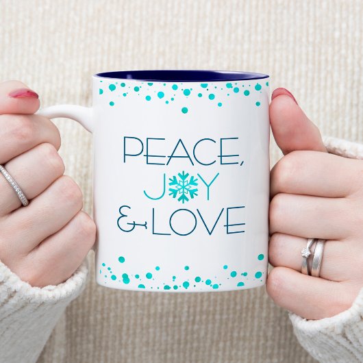 White Holiday Turquoise Snowflake Peace Joy Love Tweekleurige Koffiemok