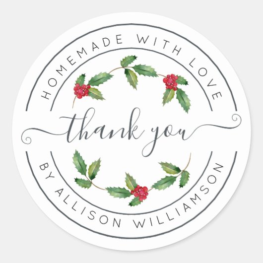 White Holly Christmas Thank You Ronde Sticker (Voorkant)
