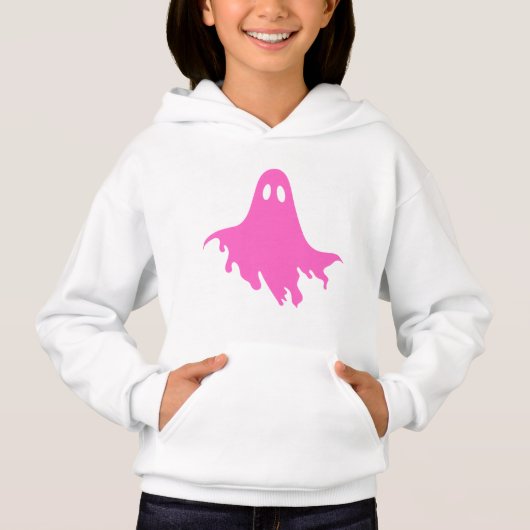 White Hoodie with Pink Ghost – Cute & Cozy Graphic (Voorkant)