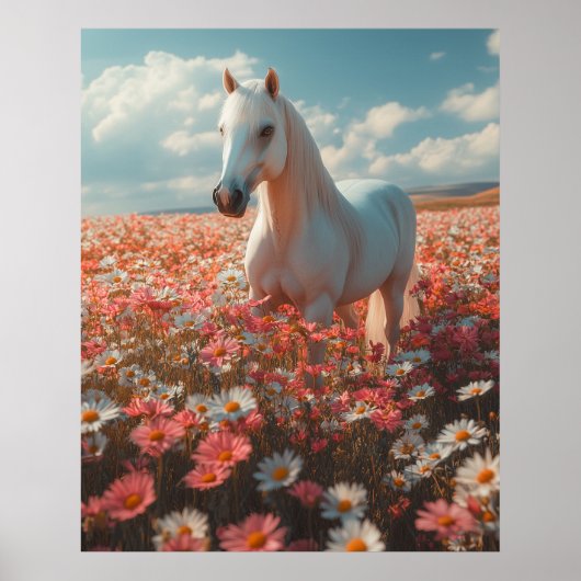 White Horse Amid Blossoming Meadow  Poster (Voorkant)