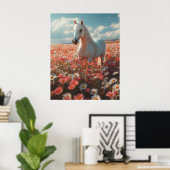 White Horse Amid Blossoming Meadow  Poster (Thuiskantoor)