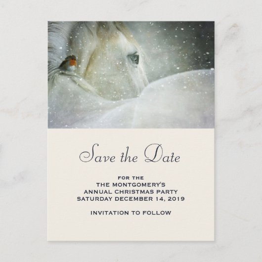 White Horse and Bird in a Snowfall Save the Date Aankondigingskaart (Voorkant)