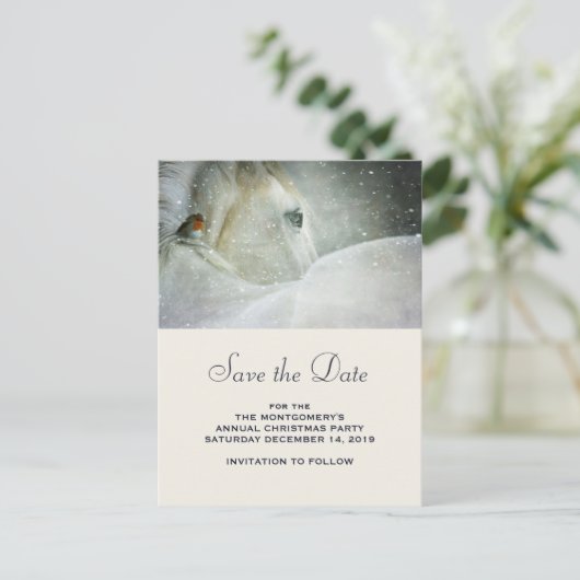 White Horse and Bird in a Snowfall Save the Date Aankondigingskaart (Staand voorkant)