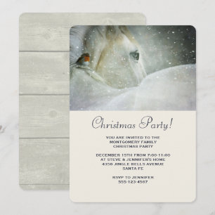 White Horse and Bird in Winter Kerstparty Kaart