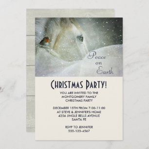 White Horse and Bird in Winter Kerstparty Kaart