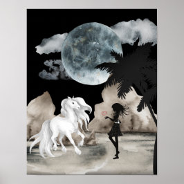 White Horse and Girl met Heart Full Moon Beach Poster