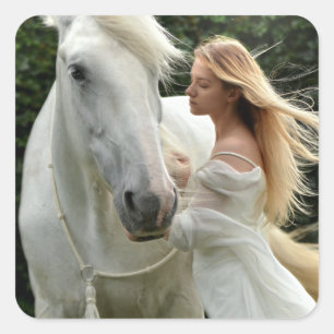 White Horse and Girl Vierkante Sticker