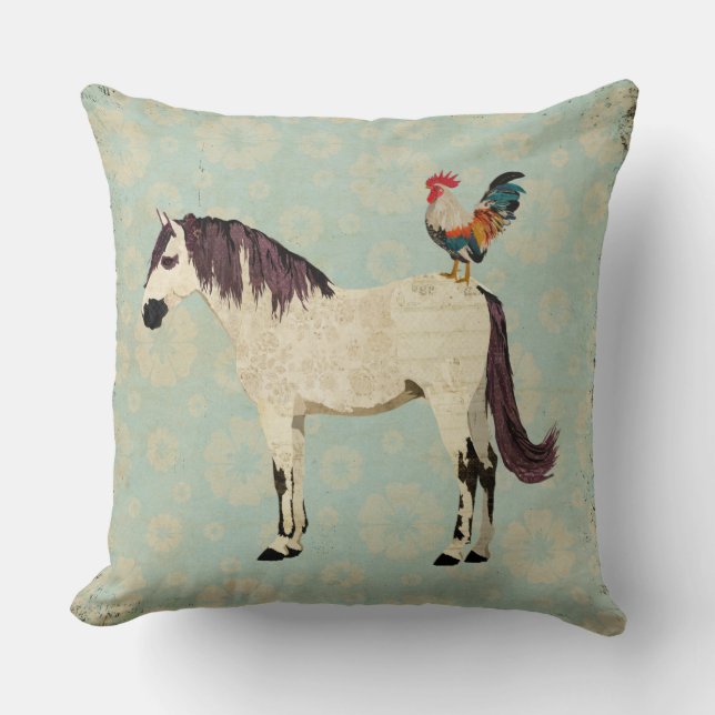 White Horse and Rooster Pillow Kussen (Voorkant)