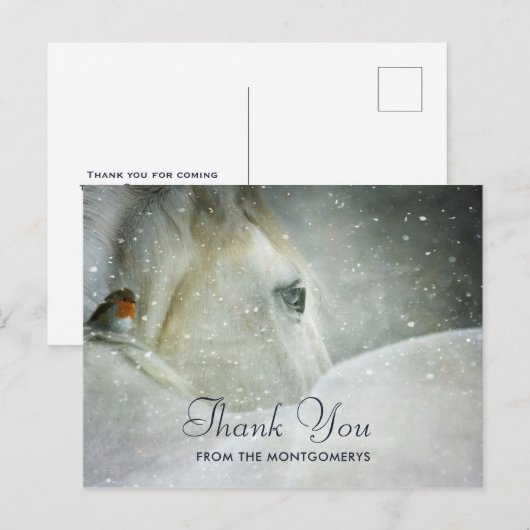 White Horse & Bird in a Winter Snowfall Bedankt Briefkaart (Voorkant / Achterkant)