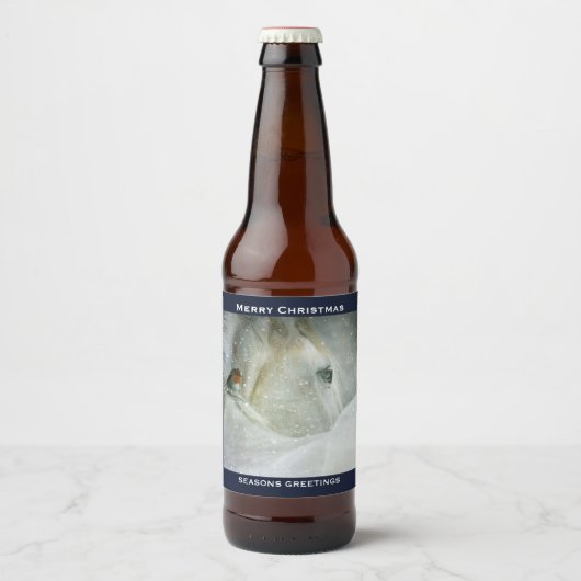 White Horse & Bird in a Winter Snowfall Kerstmis Bier Etiket (Voorkant)